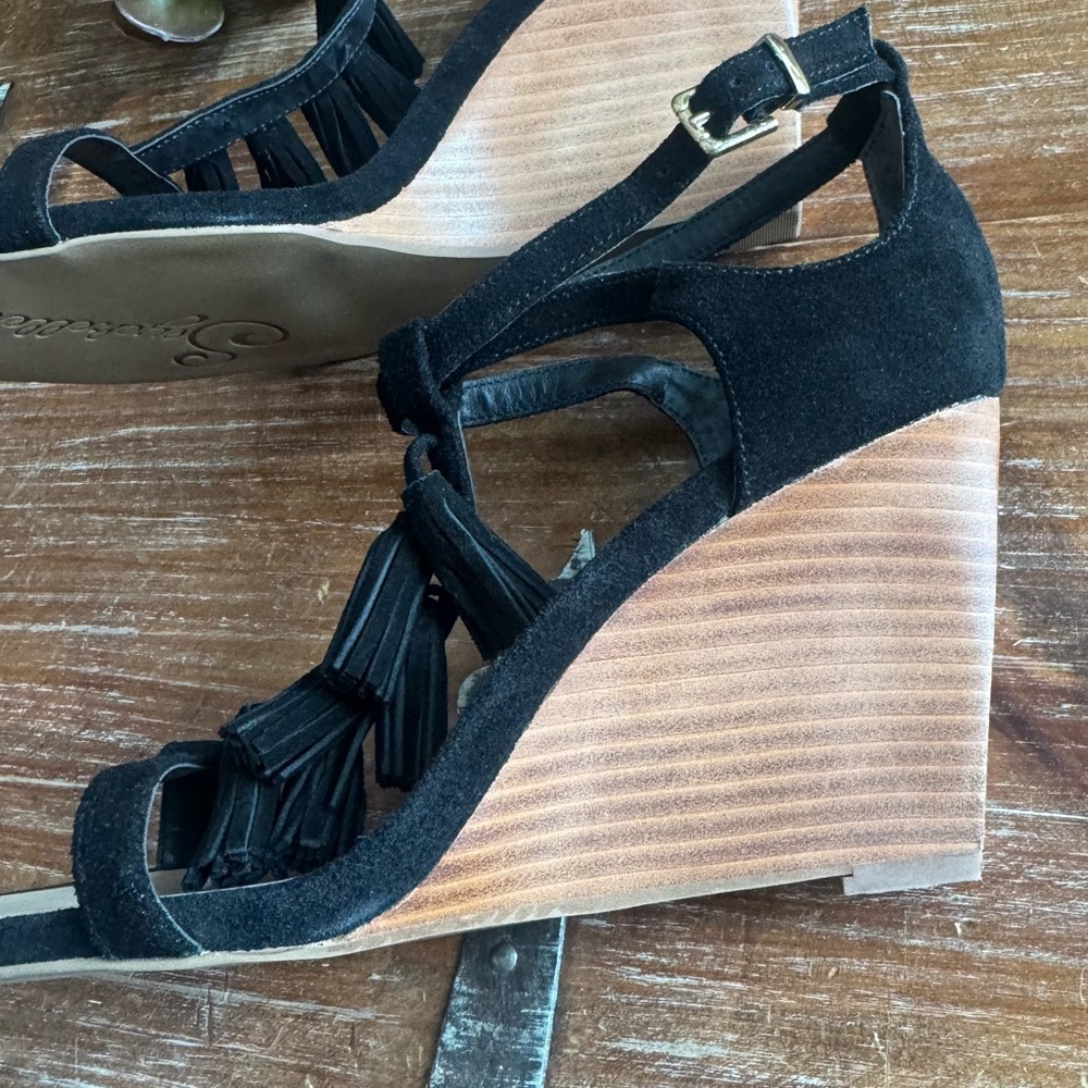 Black Suede Tassel Wedge Sandals